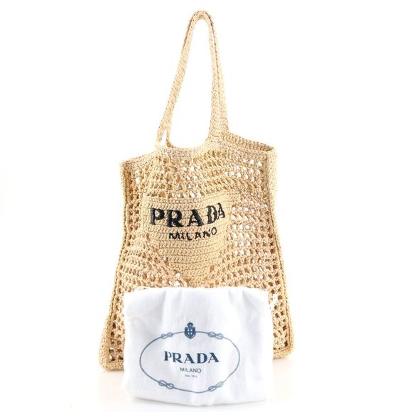 Prada Triangle Logo Open Tote Raffia Neutral - Picture 2 of 7